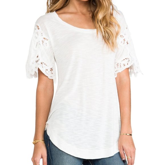 Free People Lace Sleeve Burnout Side Slit Tee - Size XS - Picture 2 of 11